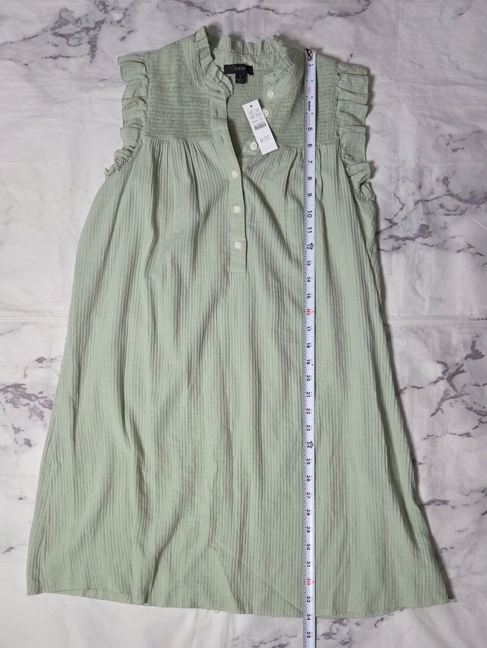 J. Crew Sage Green Cotton Smocked Ruffle Garden Placket Shift Dress - Picture 3 of 7